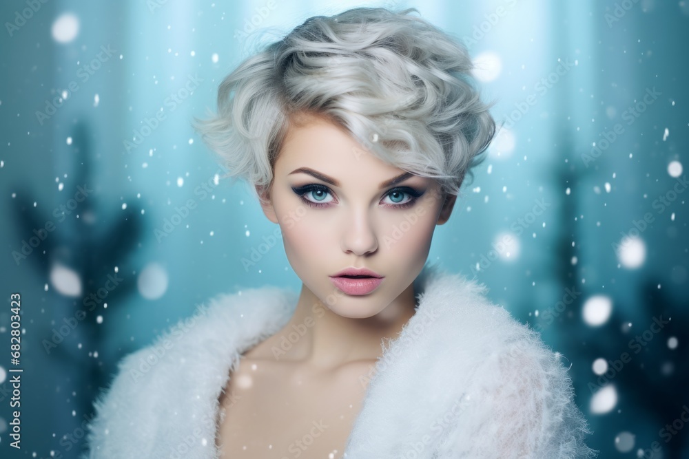 Fashion-forward Woman with Pixie Haircut and Snowflake Makeup Posing in a Cool-toned Christmas Studio Environment