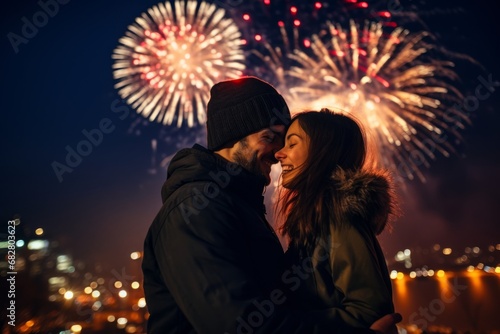 An enamored couple witnessing the beauty of a colorful firework show on New Year's Eve