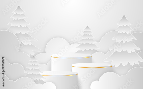 White podium with gold lines with Christmas tree paper cut style for product presentation. Display of cosmetic products. Stage or podium. Vector illustration
