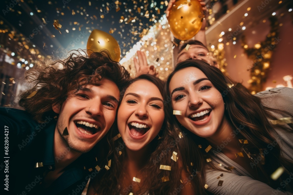 Friends Sharing Smiles and Laughter in a Festive New Year's Eve Group Selfie with Party Props