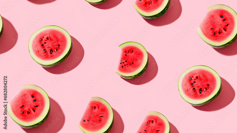 seamless pattern of watermelon, Pattern with ripe watermelon on pink background. Top View. Copy Space. Pop art design, creative summer concept. Half of watermelon in pink background seamless pattern of watermelon, Pattern with ripe watermelon on pink background. Top View. Copy Space. Pop art design, creative summer concept. Half of watermelon in pink background
