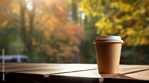 Autumn Morning at a Forest with paper coffee cup on Desk with Sunrise generated by AI tool 