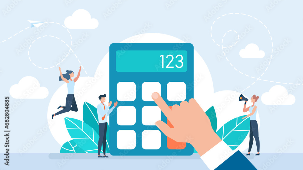 Accounting calculating finance, counting, pressing buttons with finger. Economy, accounting concept. Using calculator. Pressing buttons to add numbers. Mathematical count. Flat illustration Accounting calculating finance, counting, pressing buttons with finger. Economy, accounting concept. Using calculator. Pressing buttons to add numbers. Mathematical count. Flat illustration