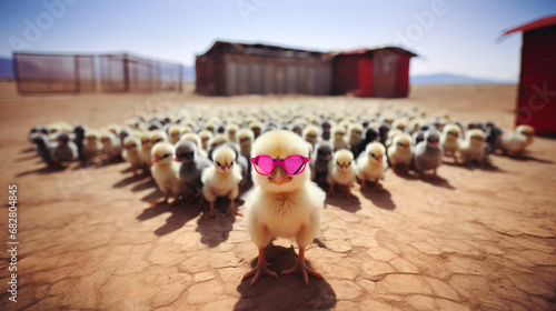 Standing out from the crowd and leadership concept with cute little baby chick in pink sunglasses standing in front of large group of chicks at the farm photo