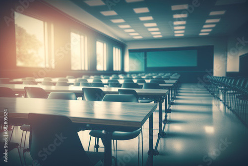 Empty defocused university classroom. Business conference room. Blurred school classroom without students with empty chairs and tables