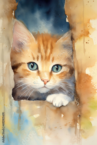 Kitten watercolor background. Cute adorable kitten card