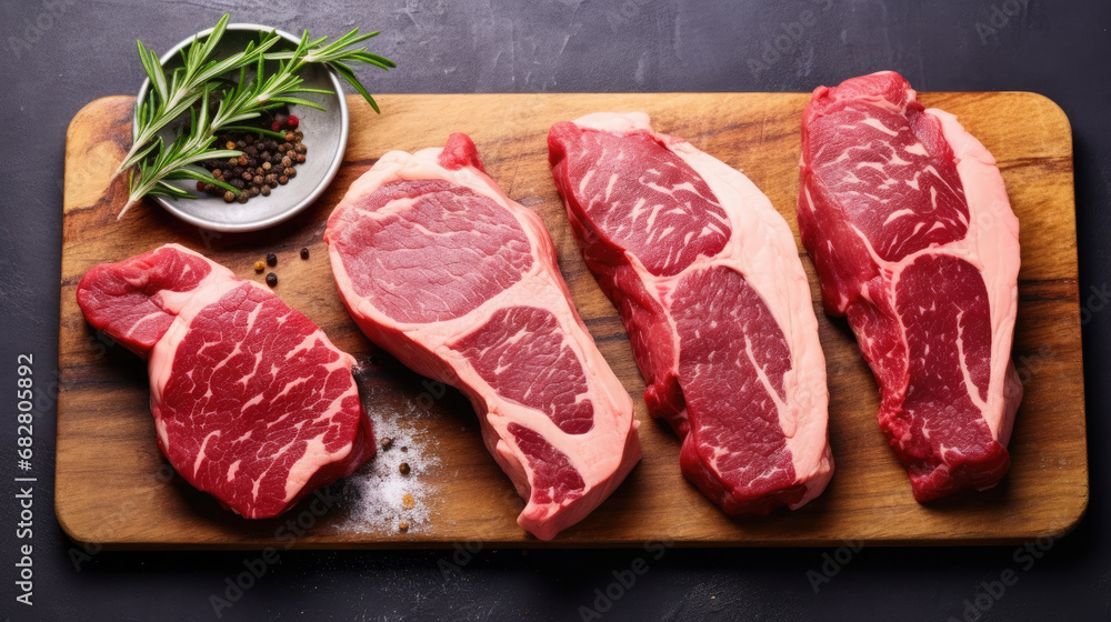 Raw beef steak with rosemary and peppercorns on white background