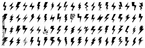 Lightning icons. Set of bolt icons. Charging, energy, storm, power, shock symbols. Black lightning icon collection