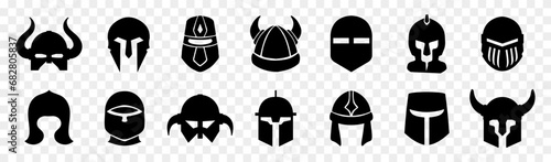 Ancient helmet icons. Set of different warrior helmet icons. Simple soldier helmet signs. Black helmet icons