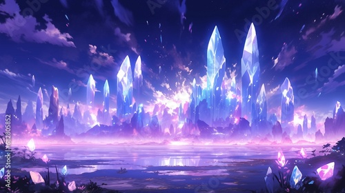 the water and mountain reflects the deep purple and blue light, in the style of cosmic fantasy © samuneko
