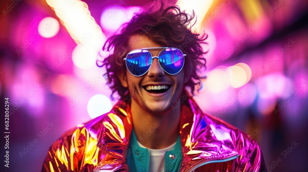 Smiling happy young man in cool colorful neon outfit. Extravagant style, fashion concept background Smiling happy young man in cool colorful neon outfit. Extravagant style, fashion concept background