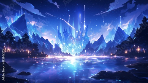 the water and mountain reflects the deep purple and blue light, in the style of cosmic fantasy © samuneko