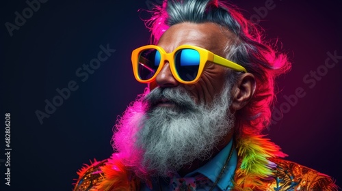 Smiling happy senior man in cool colorful neon outfit. Extravagant style, fashion concept background © eireenz