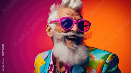 Smiling happy senior man in cool colorful neon outfit. Extravagant style, fashion concept background photo