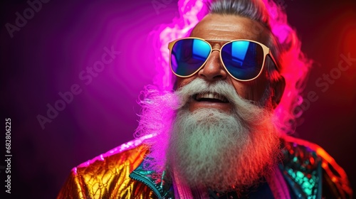 Smiling happy senior man in cool colorful neon outfit. Extravagant style, fashion concept background © eireenz