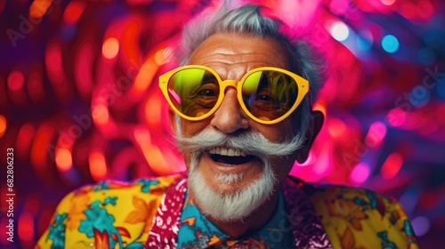 Smiling happy senior man in cool colorful neon outfit. Extravagant style, fashion concept background
