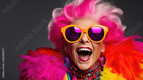 Smiling happy senior woman in cool colorful neon outfit. Extravagant style, fashion concept background