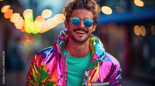 Smiling happy young man in cool colorful neon outfit. Extravagant style, fashion concept background
