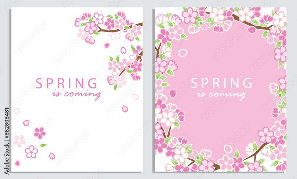 Set of sakura cards. Sakura greeting cards, banners and invitation card with blossom sakura flowers.