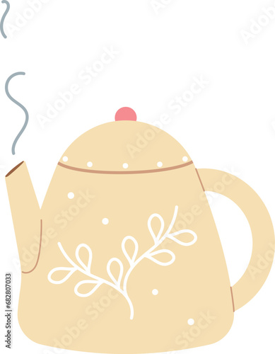 Yellow teapot on white isolated background in flat style. Teapot with pattern of dots and leaves. Vector icon of teapot.