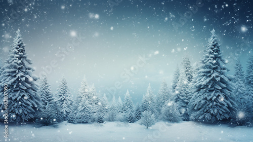 Christmas Winter Wonderland Scene with Snowy Fir Trees © sunanta