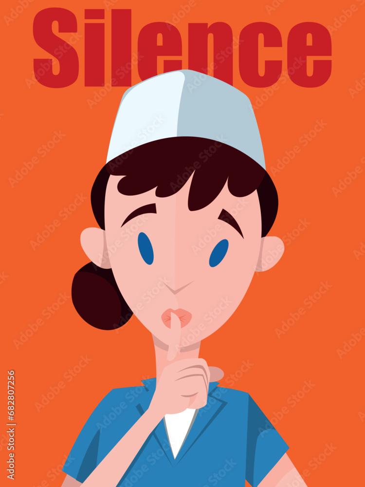 Silence Poster: Nurse Gesturing Silence with Finger on Lips - English Silence Poster: Nurse Gesturing Silence with Finger on Lips - English