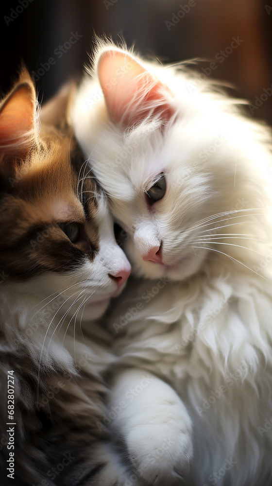 Fototapeta premium Emoção animal , capturando o abraço terno de casal de gatos