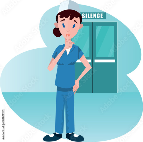 A nurse in a hospital intensive care unit, gesturing for silence with her finger over her lips. File prepared for motion design.