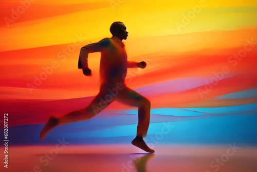 silhouette of a man running against a rainbow-colored background. Generative AI