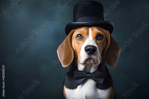 Dog in tuxedo suit and hat in blue slate background