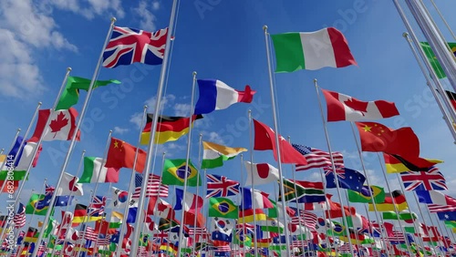 Waving flags countries of members Group of Twenty. 3d rendering. Group of twenty countrys.
Big G20 flag summit Silk waving flags countries of members Group of Twenty political world leaders 