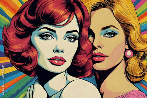 Colorful 1970's Pop Art of Two Beautiful Modern Women Generative AI