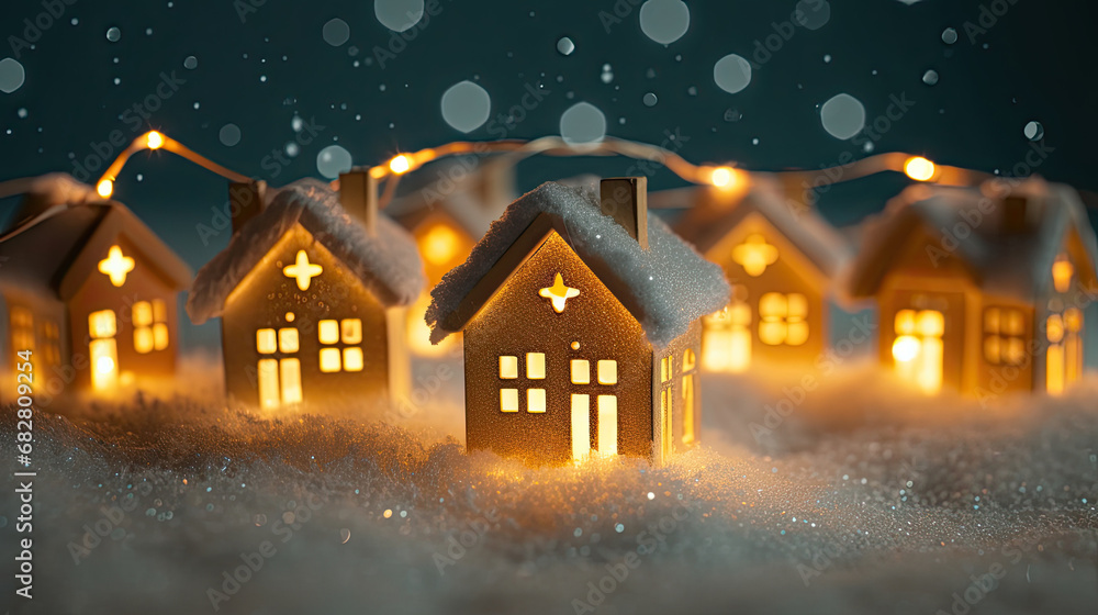 Naklejka premium winter village, Abstract Christmas Winter, Greeting Card with Wooden Houses Christmas String Lights in Cold Snow Landscape and Glowing Golden Lights in Background. Christmas or Energy themes. 