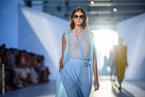 Beautiful girl top model walking down the runway in stylish summer casual wear. Show of designer clothes at the week of high fashion.