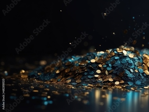 Abstract shiny, shimmering background, gold, blue sparkling particles, glitter, light effect. AI generated