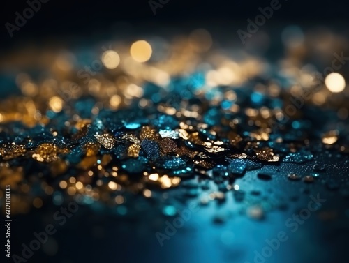 Abstract shiny, shimmering background, gold, blue sparkling particles, glitter, light effect. AI generated