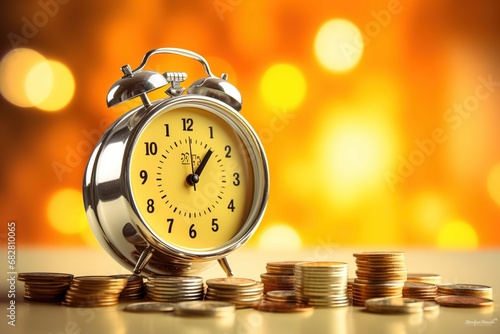 An alarm clock and stacked currency on a yellow background in the style of clockpunk