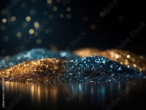 Abstract shiny, shimmering background, gold, blue sparkling particles, glitter, light effect. AI generated © Наталя Ласько
