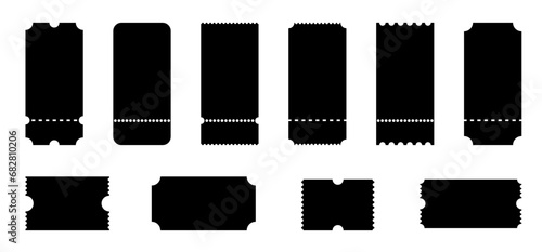 Set of tickets template of different forms. Tickets mockup for cinema. Coupon icons on white background.