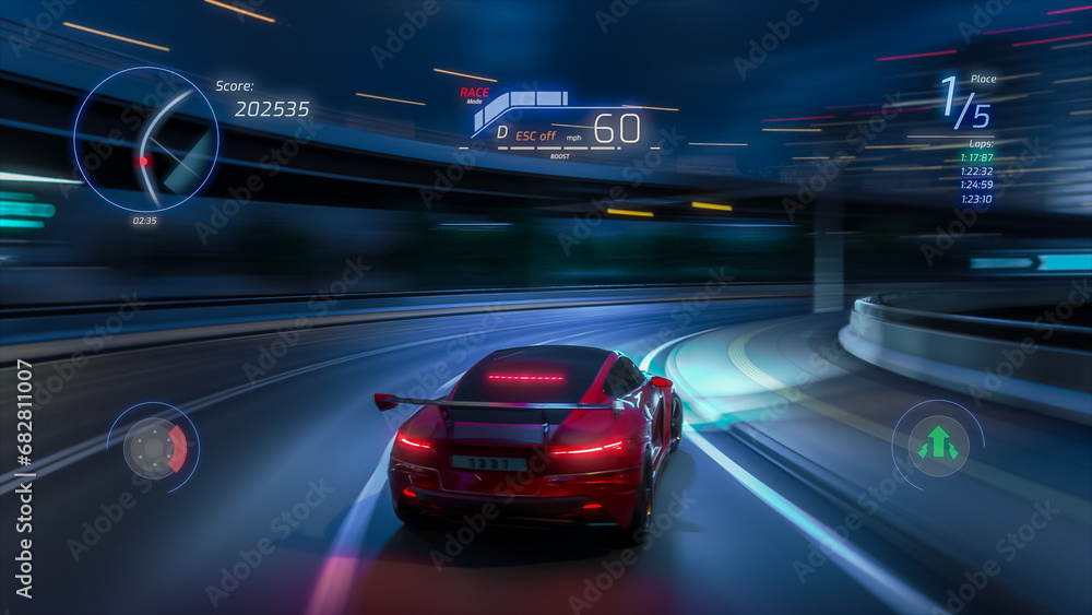 Gameplay of a Racing Simulator Video Game with Interface. Computer Generated 3D Car Driving Fast and Drifting on a Night Hignway in a Modern Megapolis City. VFX Screengrab. Third-Person View.