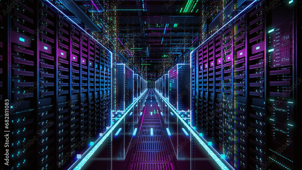 Modern Data Technology Center Server Racks in Dark Room with VFX. Detailed Visualization Concept of Internet of Things, Data Flow, Digitalization of Internet Traffic. Information Storage Equipment. - obrazy, fototapety, plakaty 