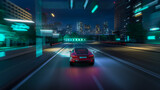 Gameplay of a Racing Simulator Video Game with Interface. Computer Generated 3D Car Driving Fast and Drifting on a Night Highway in a Futuristic Modern City. VFX on Image. Third-Person View.