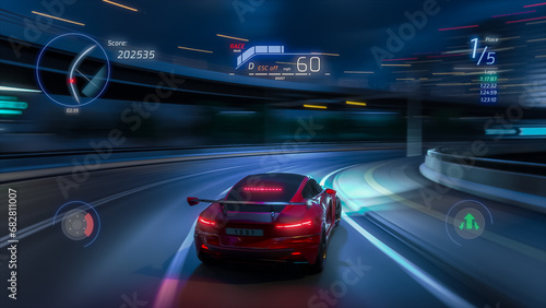 Gameplay of a Racing Simulator Video Game with Interface. Computer Generated 3D Car Driving Fast and Drifting on a Night Hignway in a Modern Megapolis City. VFX Screengrab. Third-Person View.