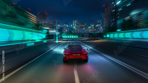 Gameplay of a Racing Simulator Video Game with Interface. Computer Generated 3D Car Driving Fast and Drifting on a Night Hignway in a Modern City. VFX on Image. Third-Person View.