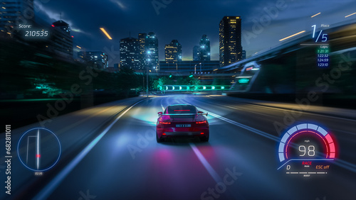 Gameplay of a Racing Simulator Video Game with Interface. Computer Generated 3D Car Driving Fast and Drifting on a Night Hignway in a Modern Megapolis City. VFX Image Edit. Third-Person View.