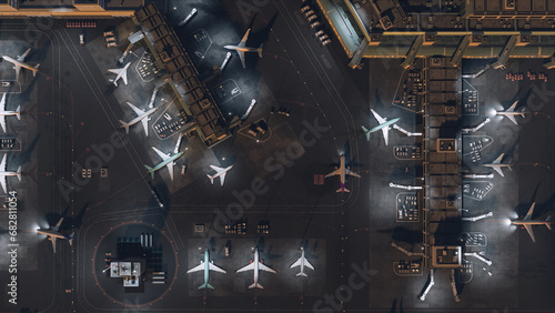 Aerial View of a 3D Commercial Airport Render with Airplanes, Passenger Terminals, Runway and Service Machinery. Top Down View of Modern VFX Aircrafts Moving in International Port During Evening.