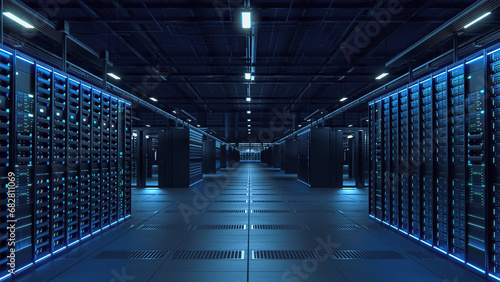 Modern Data Technology Center Server Racks in Dark Room with VFX. Visualization Concept of Internet of Things, Data Flow, Digitalization of Internet Traffic. Complex Electric Equipment Warehouse. photo