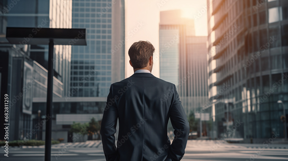 Fototapeta premium Businessman in the city, facing modern buildings