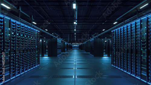 Modern Data Technology Center Server Racks Working in Dark Facility. Concept of Internet of Things, Big Data Protection, Storage, Cryptocurrency Farm, Cloud Computing. 3D Render of Mining Facility.