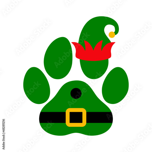 Tiempo de Navidad. Logo pet friendly. Silueta de zarpa de perro o gato con traje y sombrero de elfo de Santa Claus para su uso en tarjetas y felicitaciones